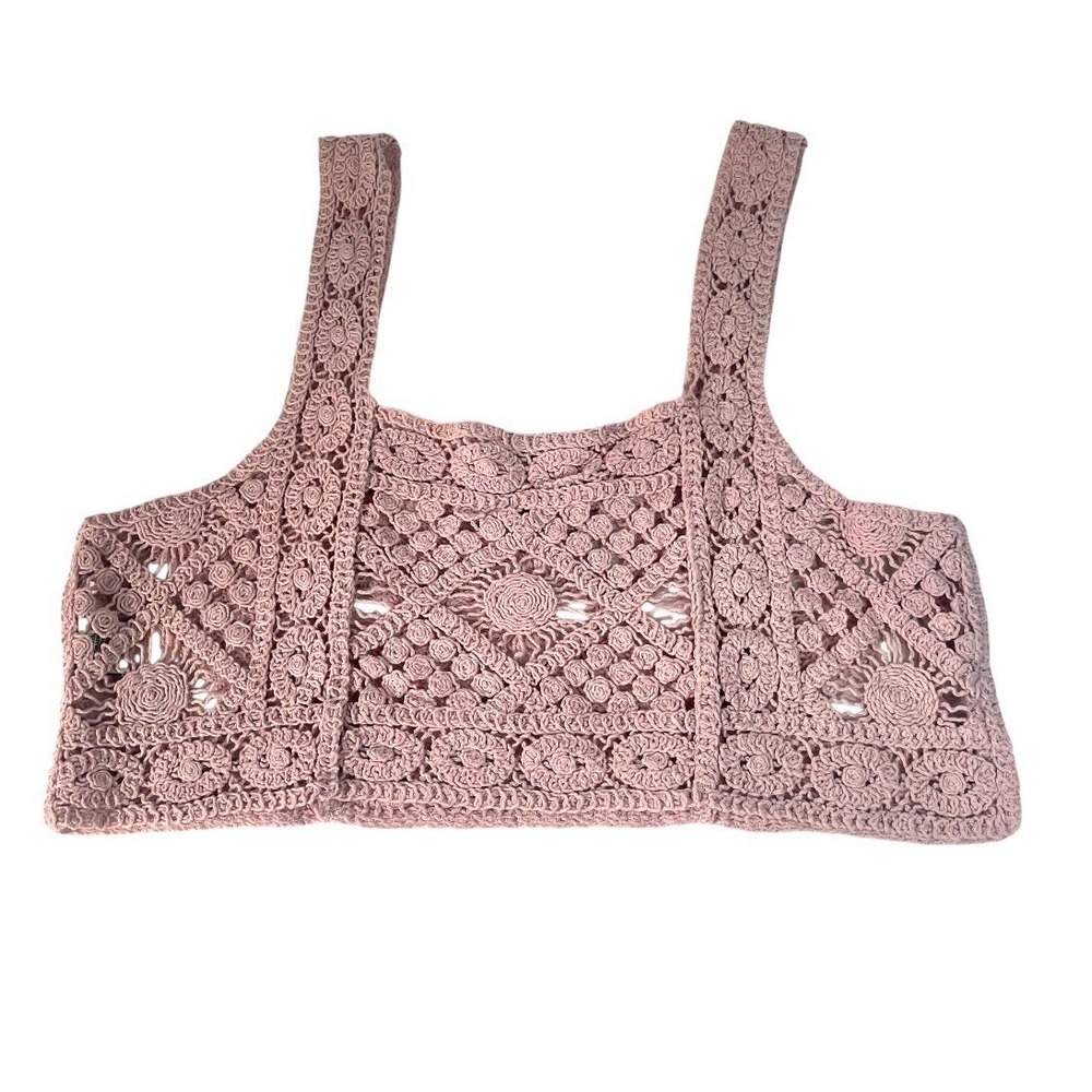 Miss Selfie Pink Crochet Crop Top Tank Large Cotton‎ Boho Festival Summer Beach